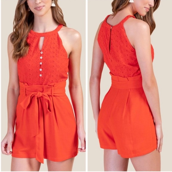 Francesca’s Paperbag Waist Eyelet Lace Romper - Picture 1 of 12